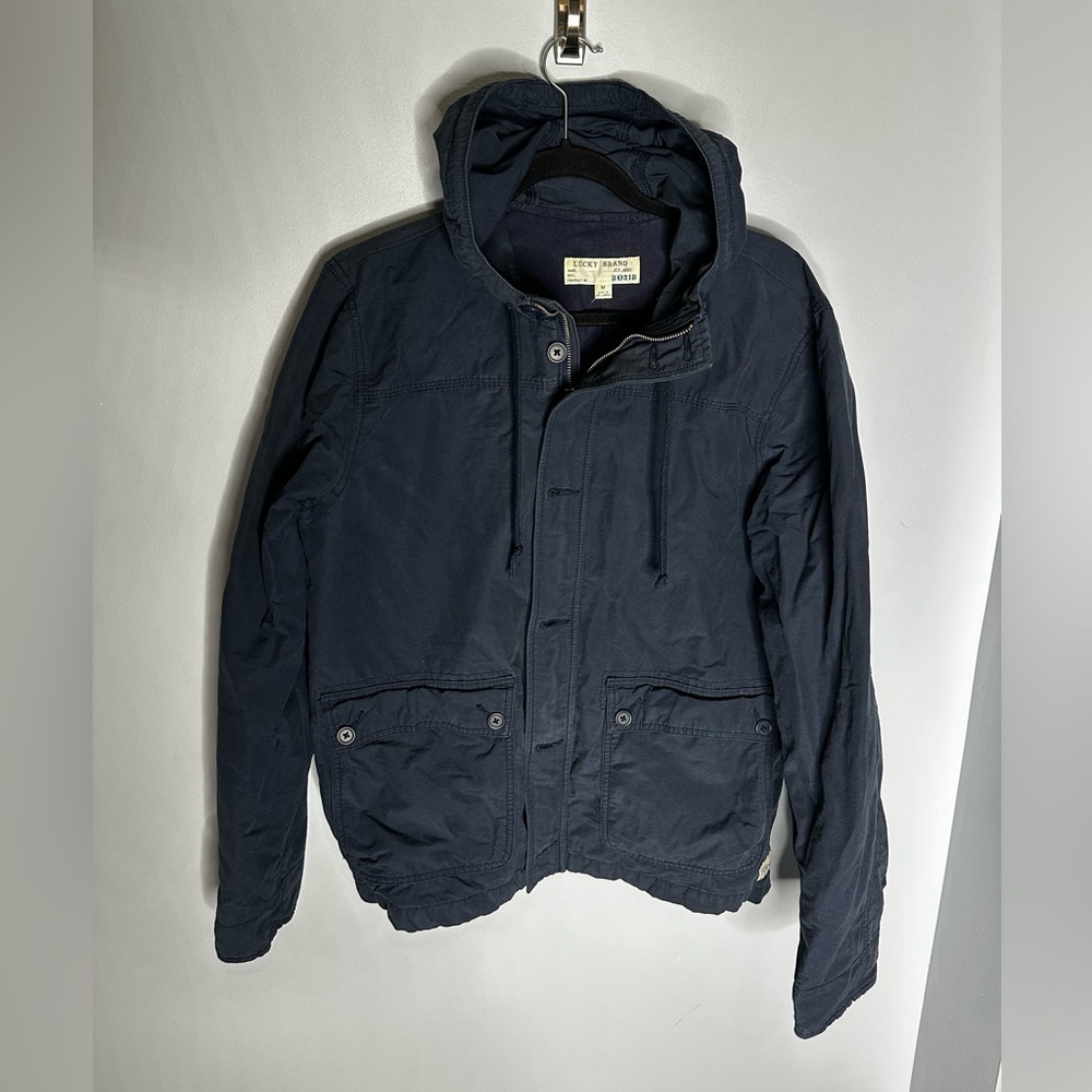 Lucky Brand Mens Utility Jacket Field Coat 2 Pockets Zip Button Medium Navy - Picture 2 of 4